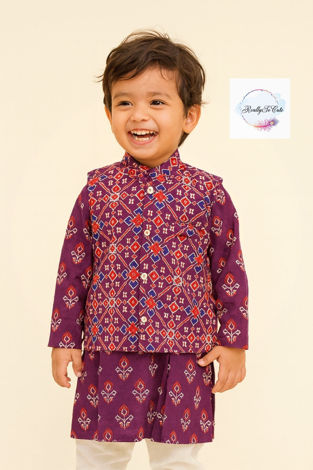 Boys' patola purple kurta pajama with jacket, cotton kurta pajama