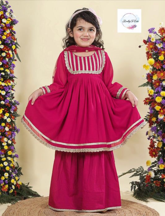 Hot pink Girls 3 piece sharara Kurti set, Soft Georgette kurti sharara set