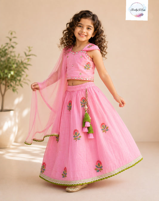 Blush Pink Floral Mul Cotton Girls Lehenga Choli Set with Dupatta