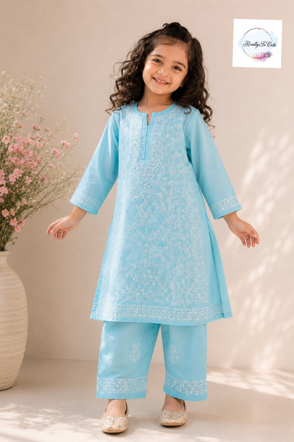 Blue Handwork Chikankari Cotton Kurta Pant Set for Girls