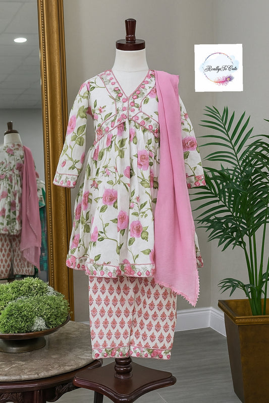 Soft cotton floral kurti pant dupatta set