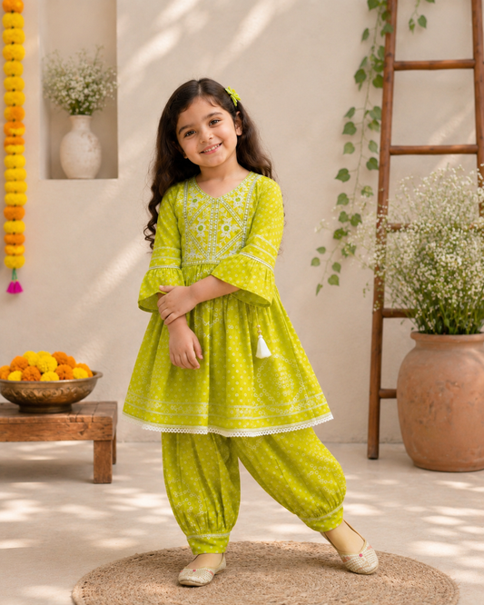 Lime Green Pure Cotton Girls Dhoti Set | ReallySoCute