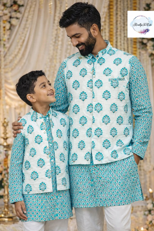 Men's Block print cotton kurta pajama, blue kurta set with jacket.