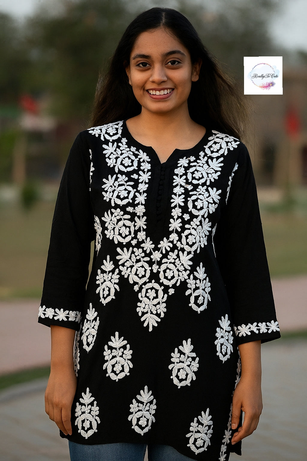 Black short Chikankari top