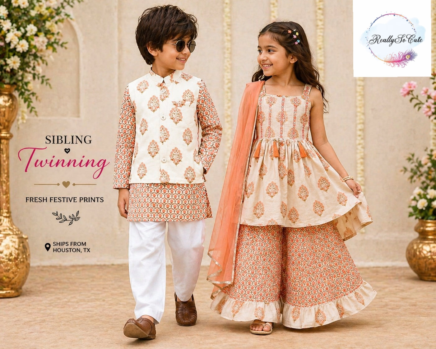 Peach Cotton Ethnic Girl Set | Soft Festive Indian Outfit for Kids (Girl set only)block print set
