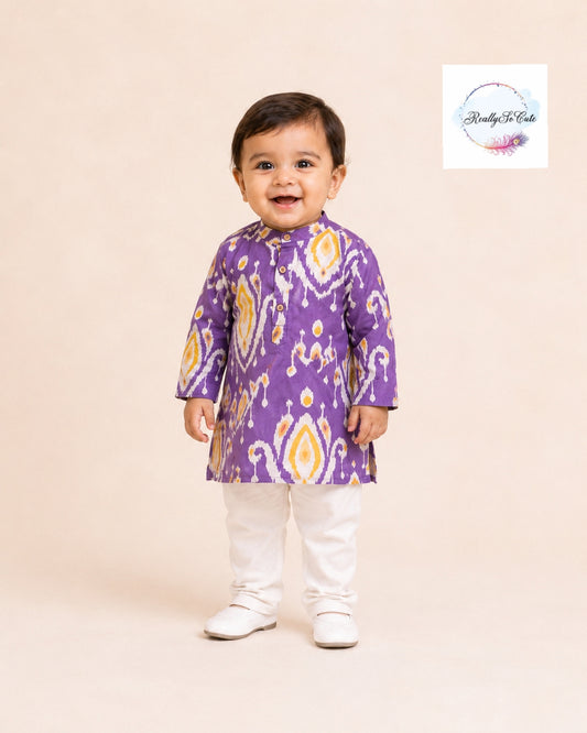 Purple Ikat Print Pure Cotton Kurta Pajama Set for Boys | Kids Ethnic Wear | 3M–14Y