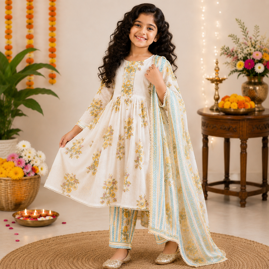 Ivory & Golden Yellow Floral Pure Cotton Anarkali Set for Girls