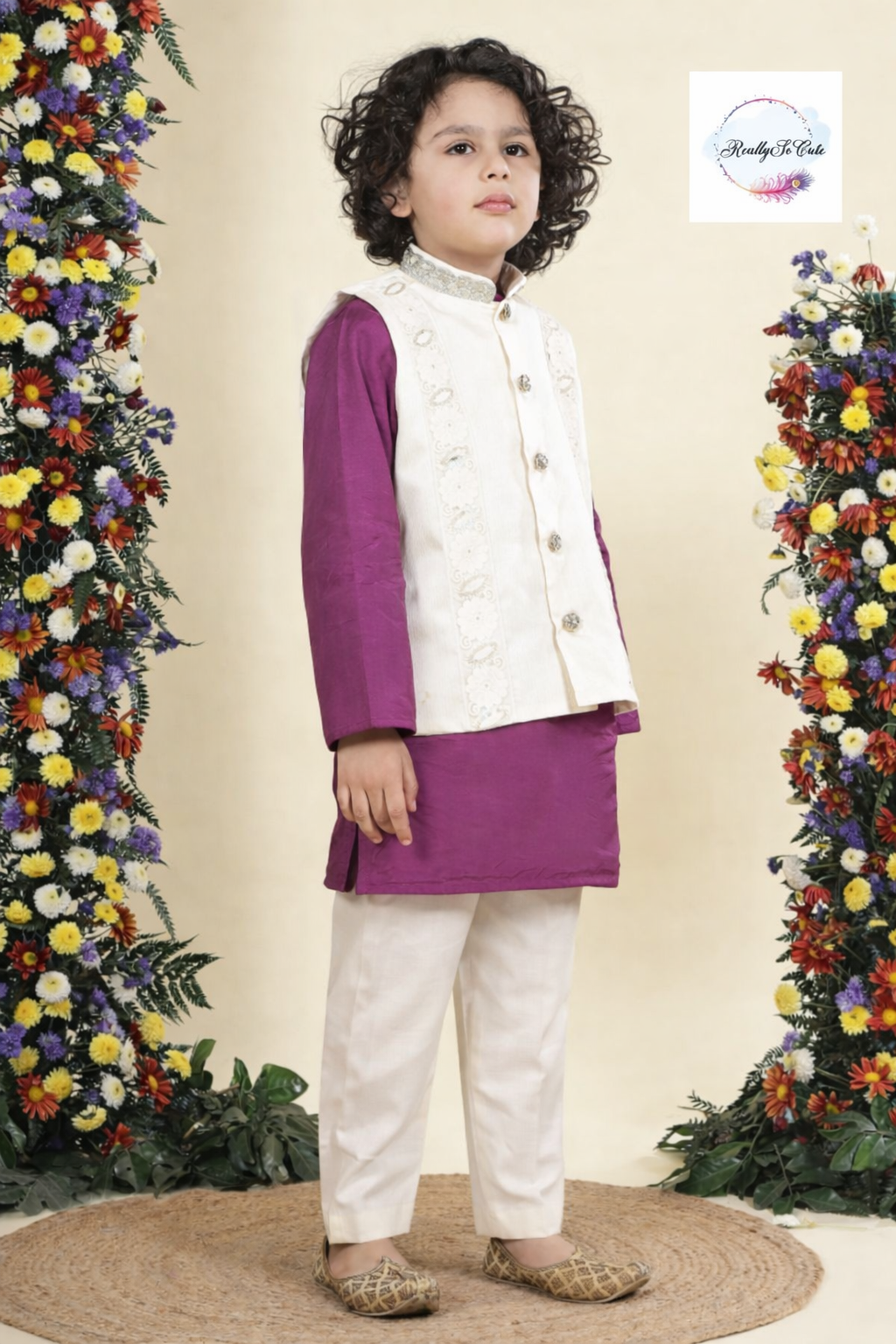Royal Amethyst Chanderi Silk Kurta Set for Boys – Purple Floral Jacket & Ivory Pajama | Sibling Combo Available