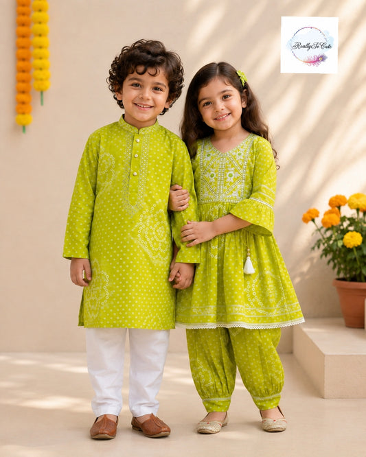 Lime Green Pure Cotton Mirror Work Kurta Pajama Set for Boys