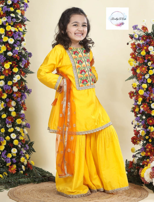 Yellow chanderi kurti sharara dupatta set, Muslin silk kurta sharara