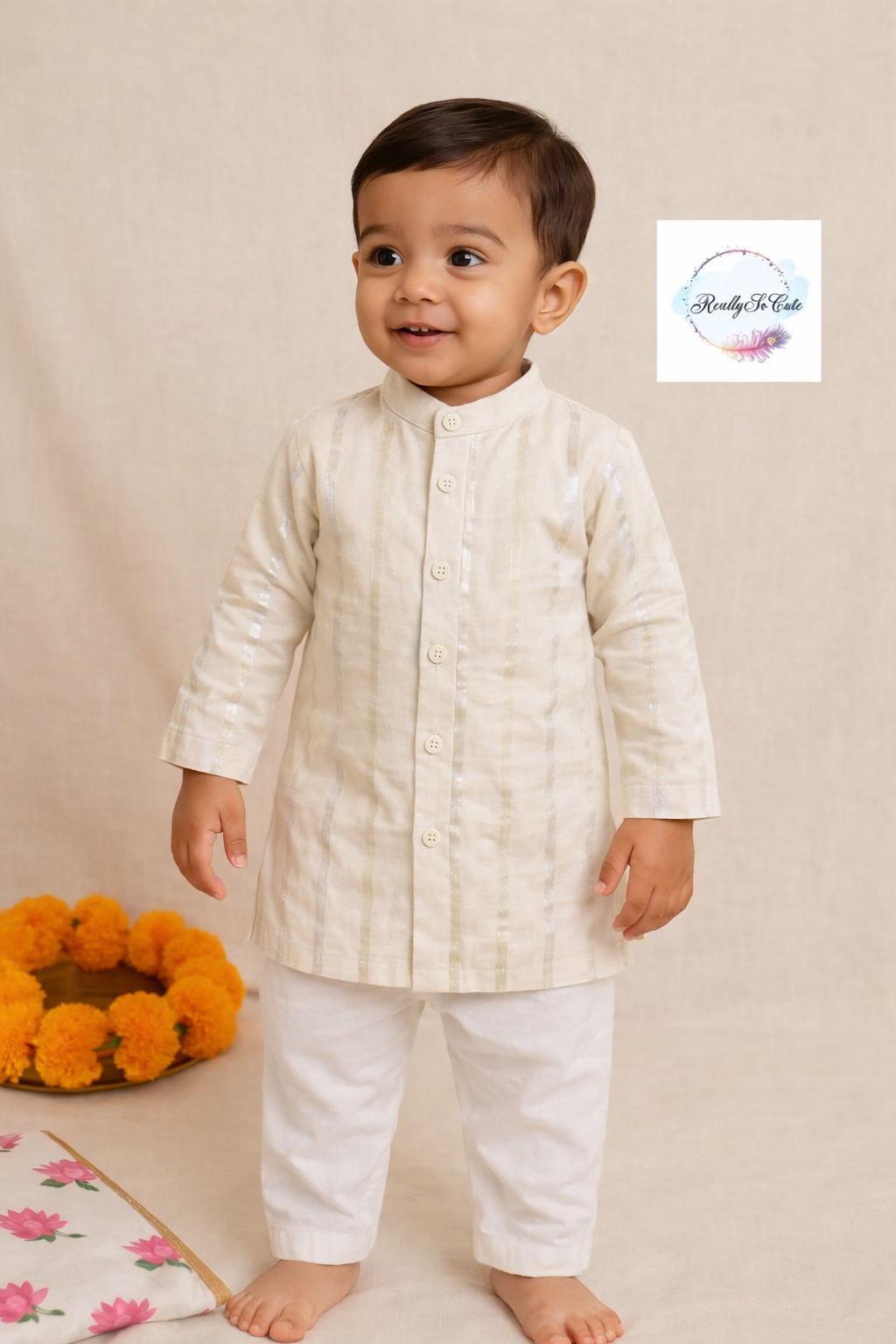 Boys' Ivory sherwani style kurta pajama, cotton kurta pajama