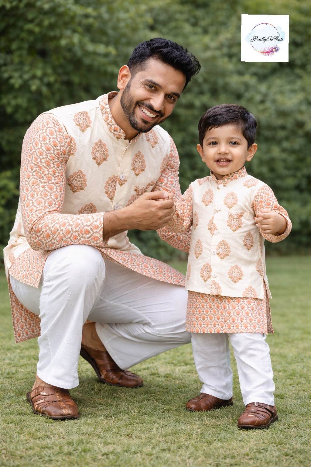 Block print jacket kurta pajama set, boy kurta pajama, Peach Block print