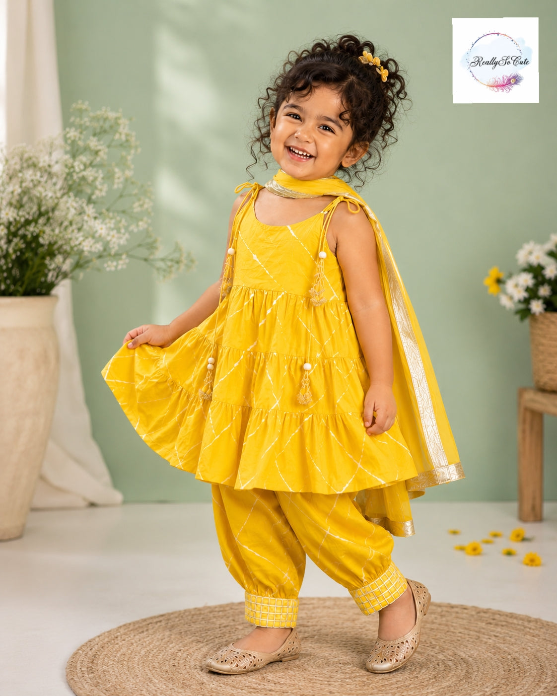 Sunshine Yellow Pure Cotton Girls Afghani Salwar Set with Dupatta