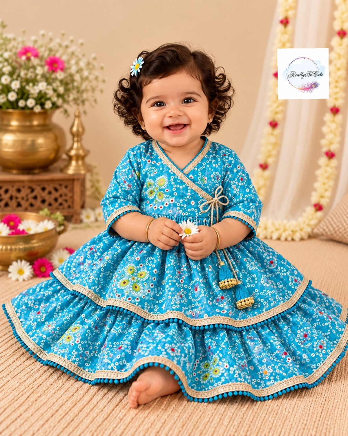 Blue Cotton Baby Lehenga Set with Angarakha Wrap Top (0–2Y)