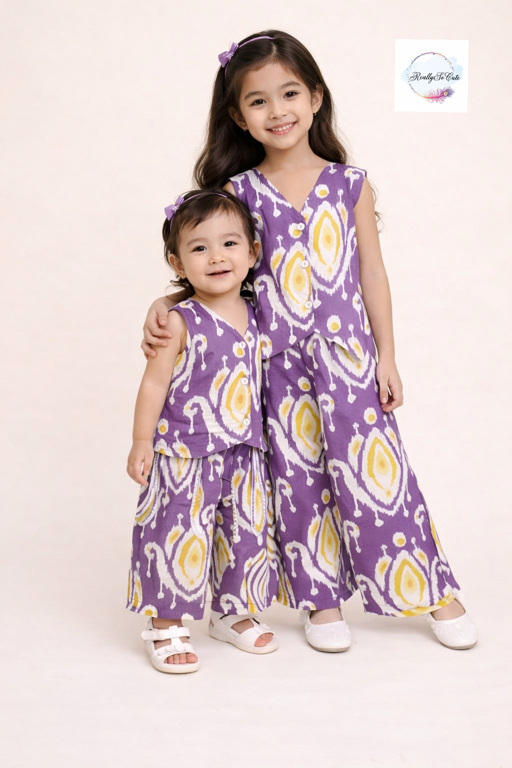 Purple Ikat Print Girls Cotton vest style Co-Ord Set | Sleeveless Ethnic Wear for Kids 3M–13Y