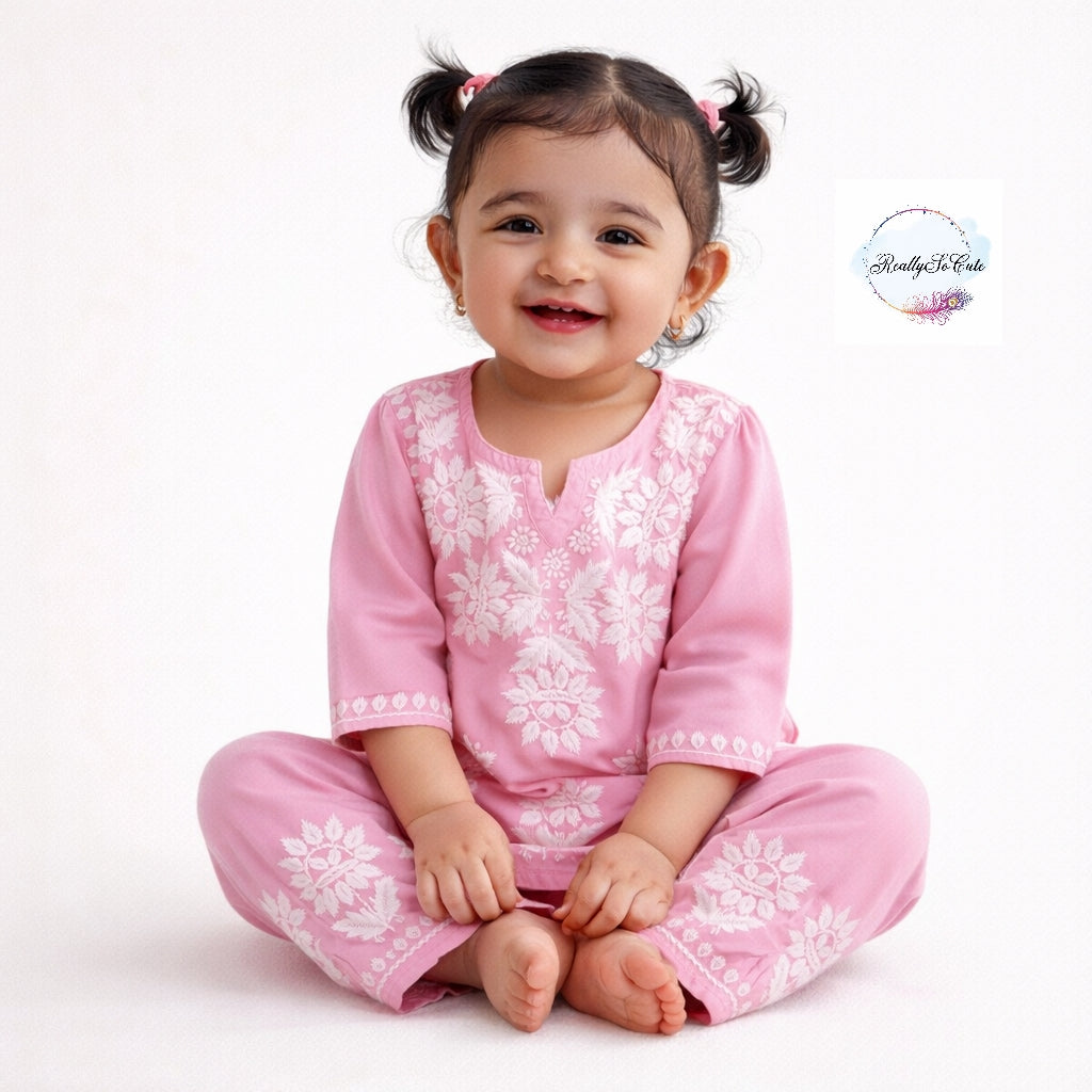 Pink Little Girls Chikankari Kurtis pant Set, Girls chanderi Chikankari Dress
