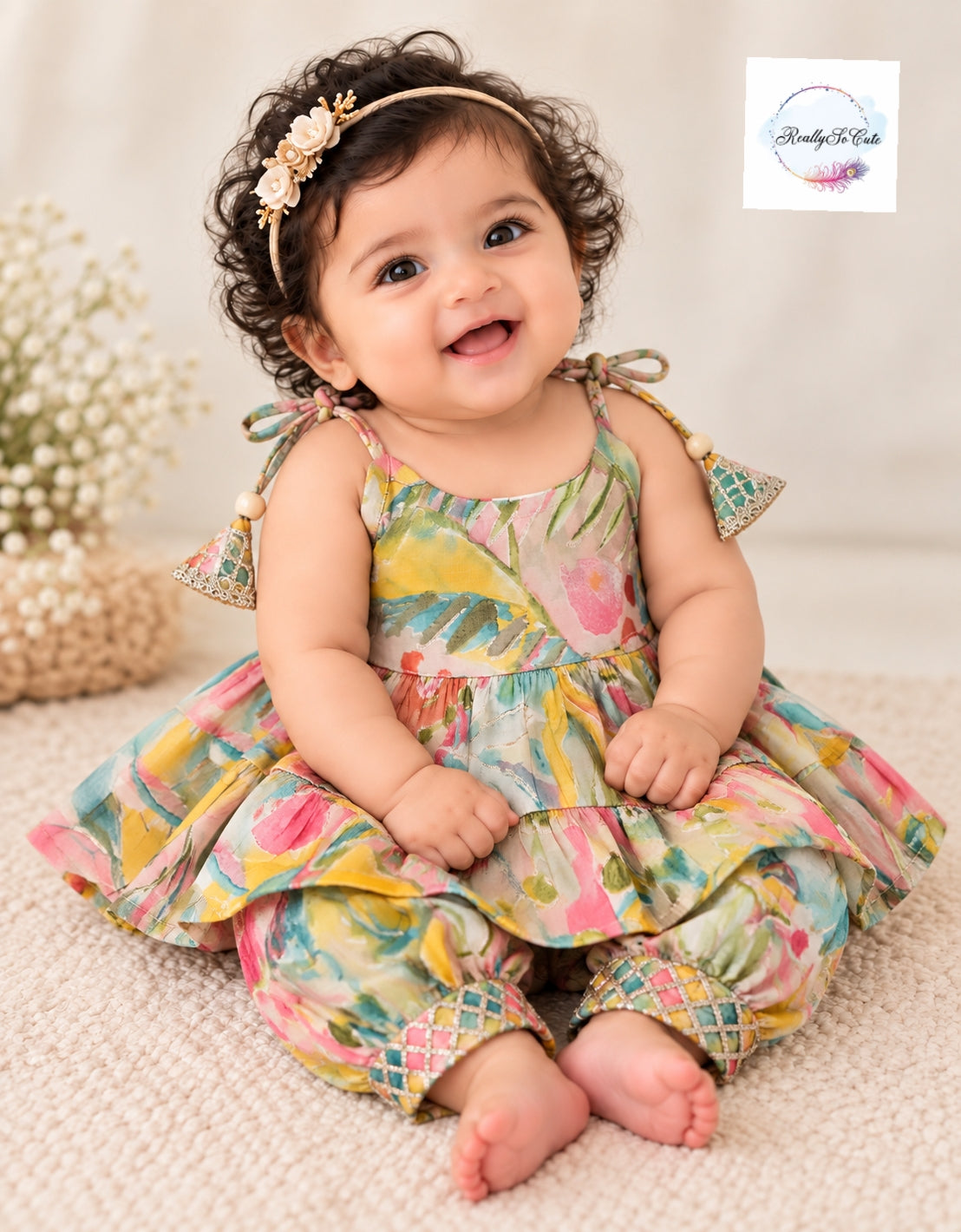 Baby Girls Multicolor Floral Ethnic Wear Set (0–6 Months) | Peplum Dhoti & Kurti Sharara