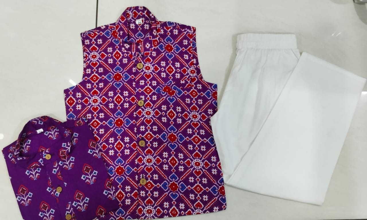 Men's patola print cotton kurta pajama, purple kurta set with jacket