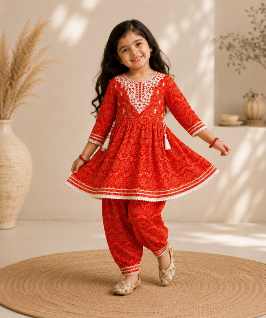 Rust Pure Cotton Mirror Work Kurta Pant Set for Girls