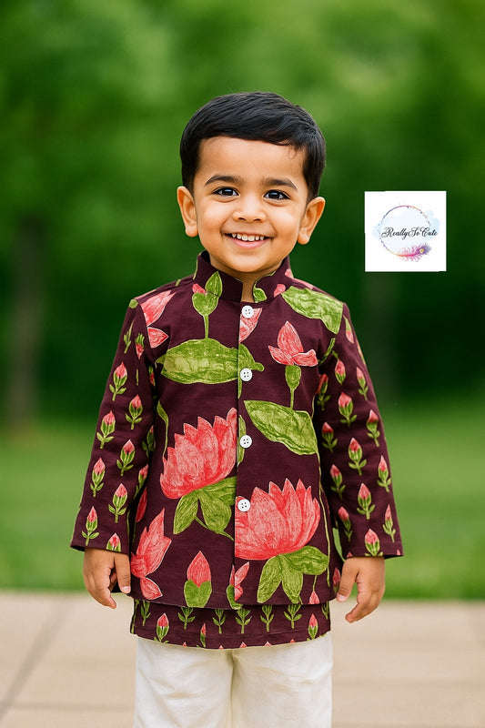 Boys' pichwai kurta pajama with jacket, cotton kurta pajama, sibling combo