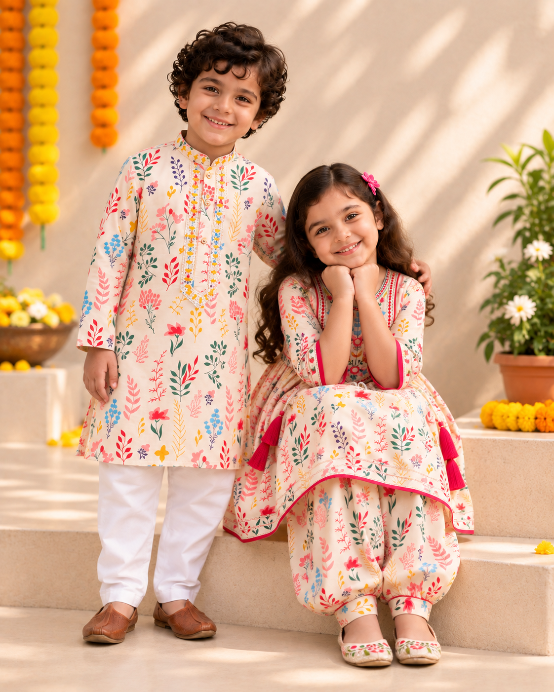 Pure Cotton Floral Kurta Pajama Set for Boys | Sibling Combo Available