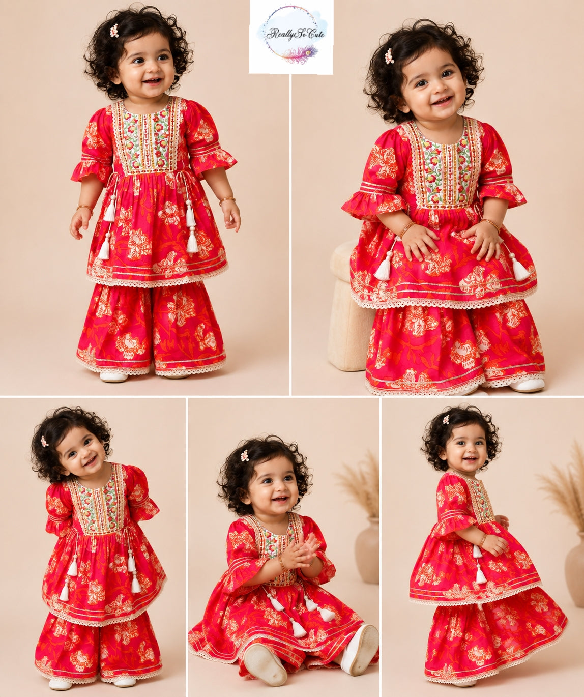 Dark pink Floral Cotton Sharara Set for Girls | Embroidered Ethnic Wear with Tassel Tie | Sizes 3M–10 Years |