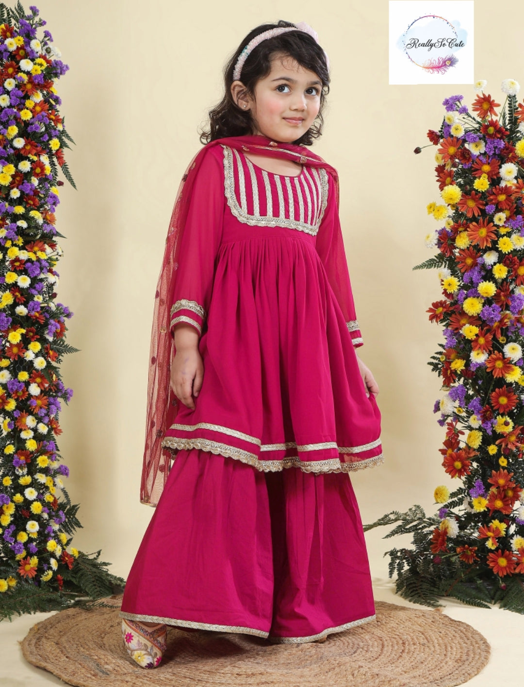 Hot pink Girls 3 piece sharara Kurti set, Soft Georgette kurti sharara set