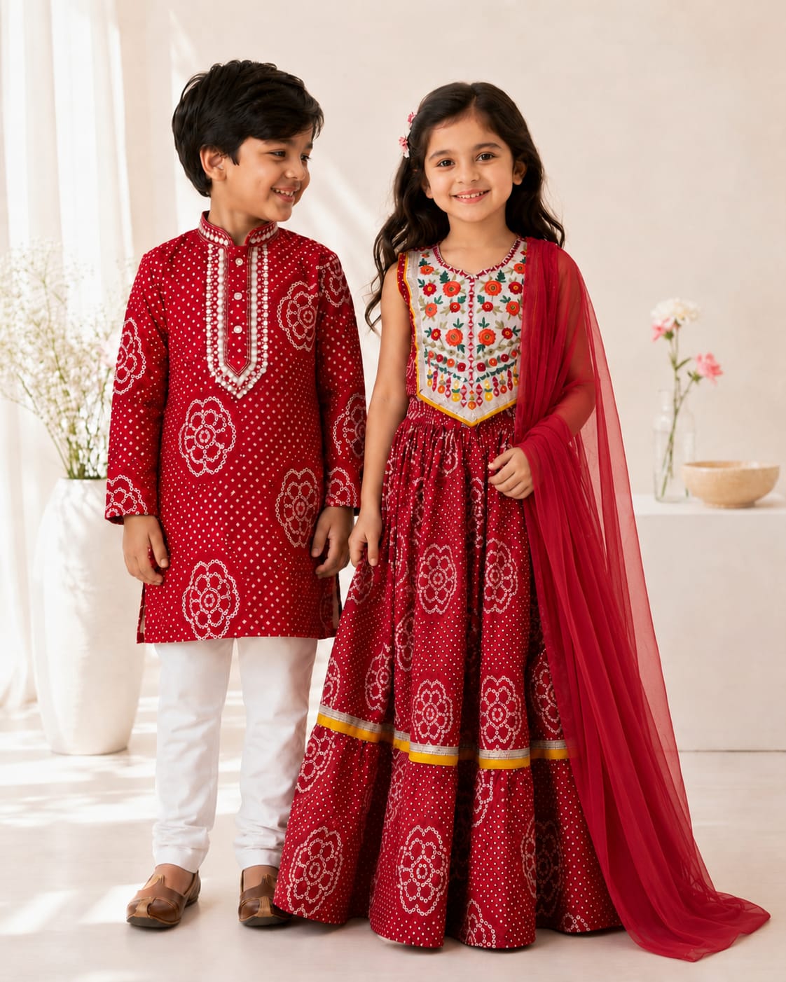 Red Bandhani Pure Cotton Kurta Pajama Set for Boys | Ages 6M-15 Y
