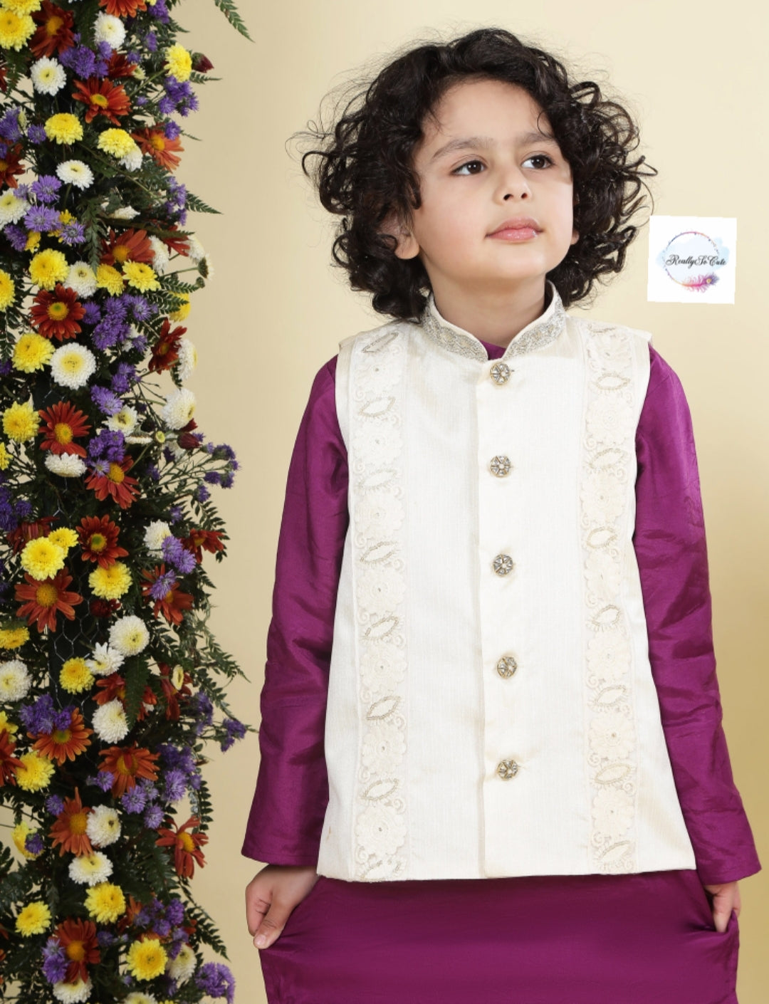 Royal Amethyst Chanderi Silk Kurta Set for Boys – Purple Floral Jacket & Ivory Pajama | Sibling Combo Available
