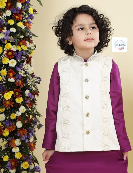 Royal Amethyst Chanderi Silk Kurta Set for Boys – Purple Floral Jacket & Ivory Pajama | Sibling Combo Available