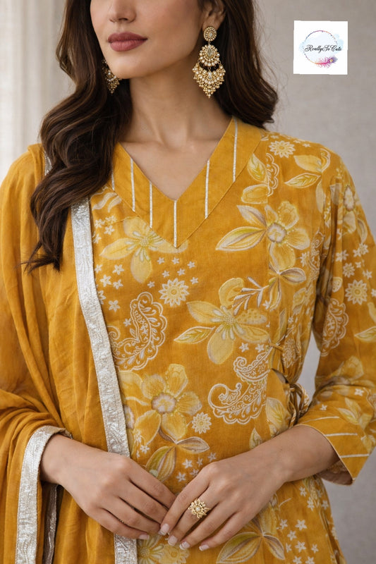 Mustard Floral Muslin Kurta Set for Women with Pockets | Mom & Me Matching Available | S–XXL
