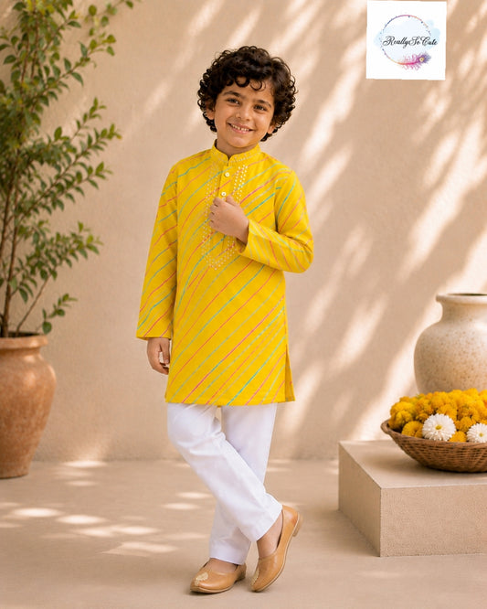 Sunshine Yellow Mirror Work Kurta Pajama Set for Boys