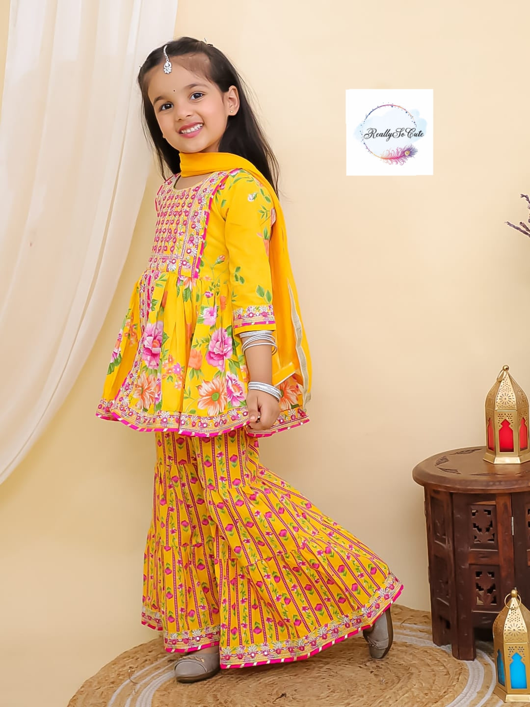 Yellow floral girl kurti sharara set, cotton kurta sharara