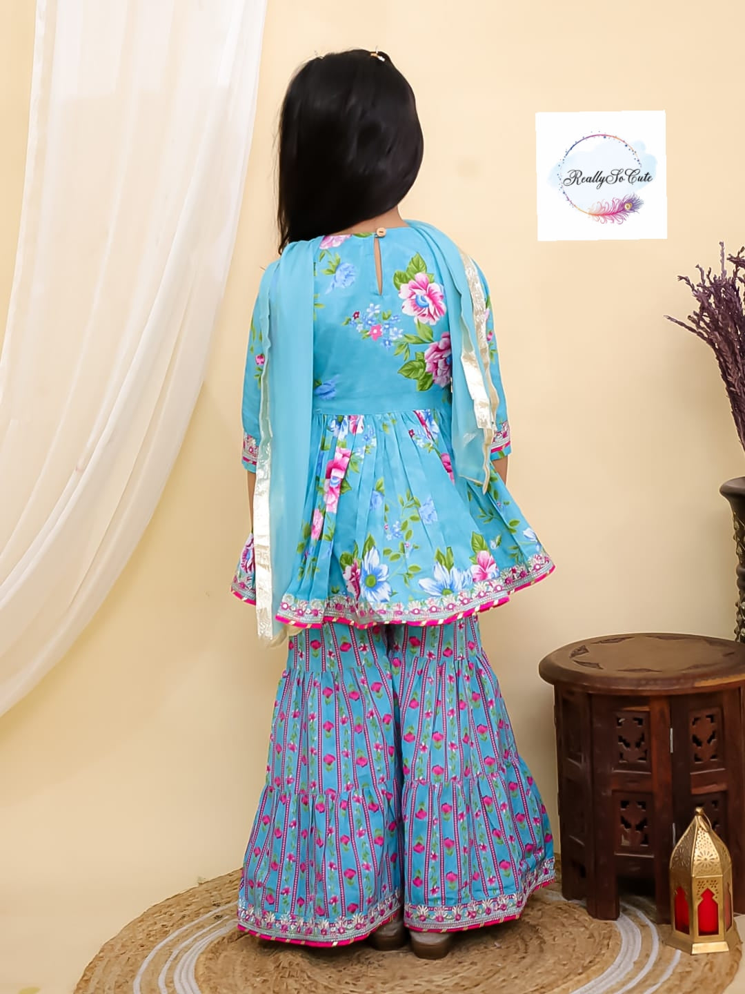 Blue floral girl kurti sharara set, cotton kurta sharara