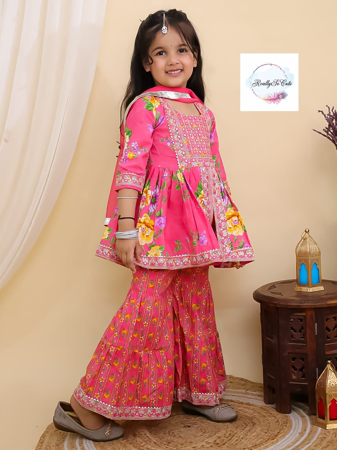 Pink floral girl kurti sharara set, cotton kurta sharara