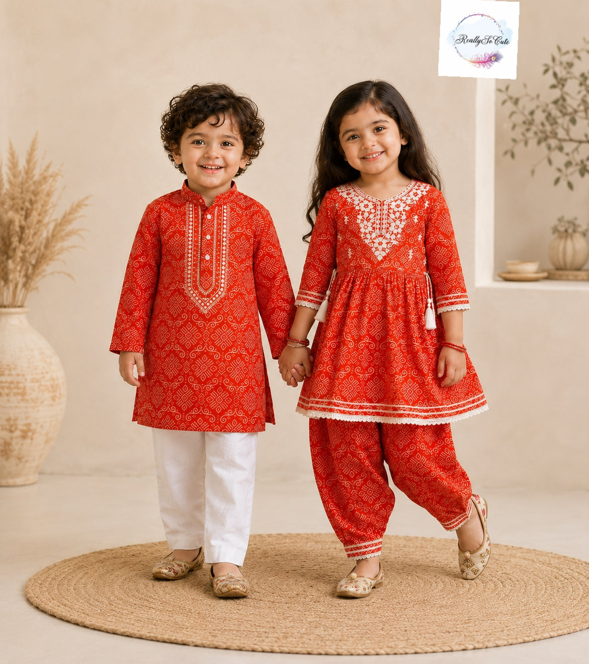 Rust Pure Cotton Mirror Work Kurta Pant Set for Girls