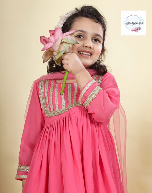 Coral Girls 3 piece sharara Kurti set, Soft Georgette kurti sharara set