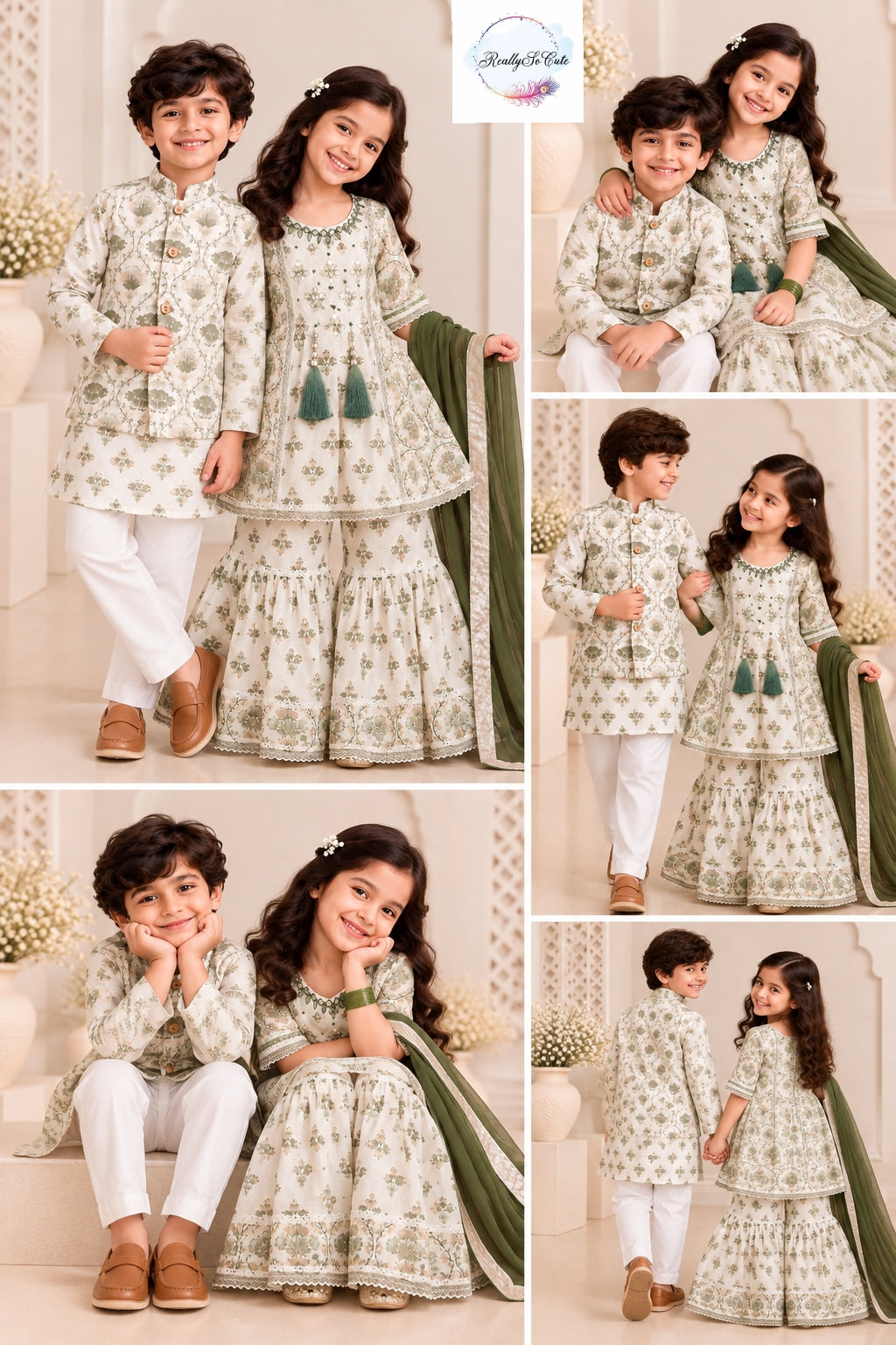Boys Ivory & Olive Green Floral Pure Cotton Kurta Pajama with Jacket | Kids Ethnic Wear