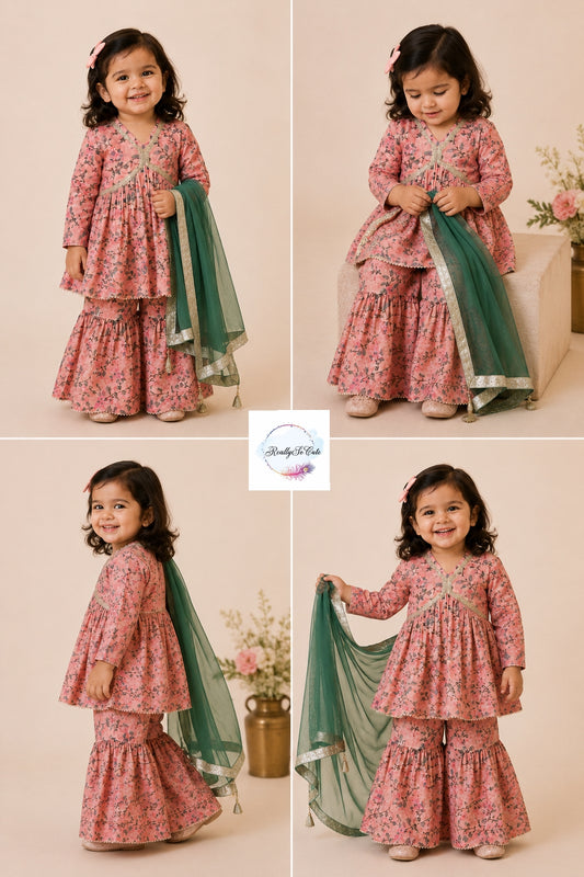 Pink Floral Pure Cotton Sharara Set for Girls | Newborn to 15 Years | Matching Sibling Outfit