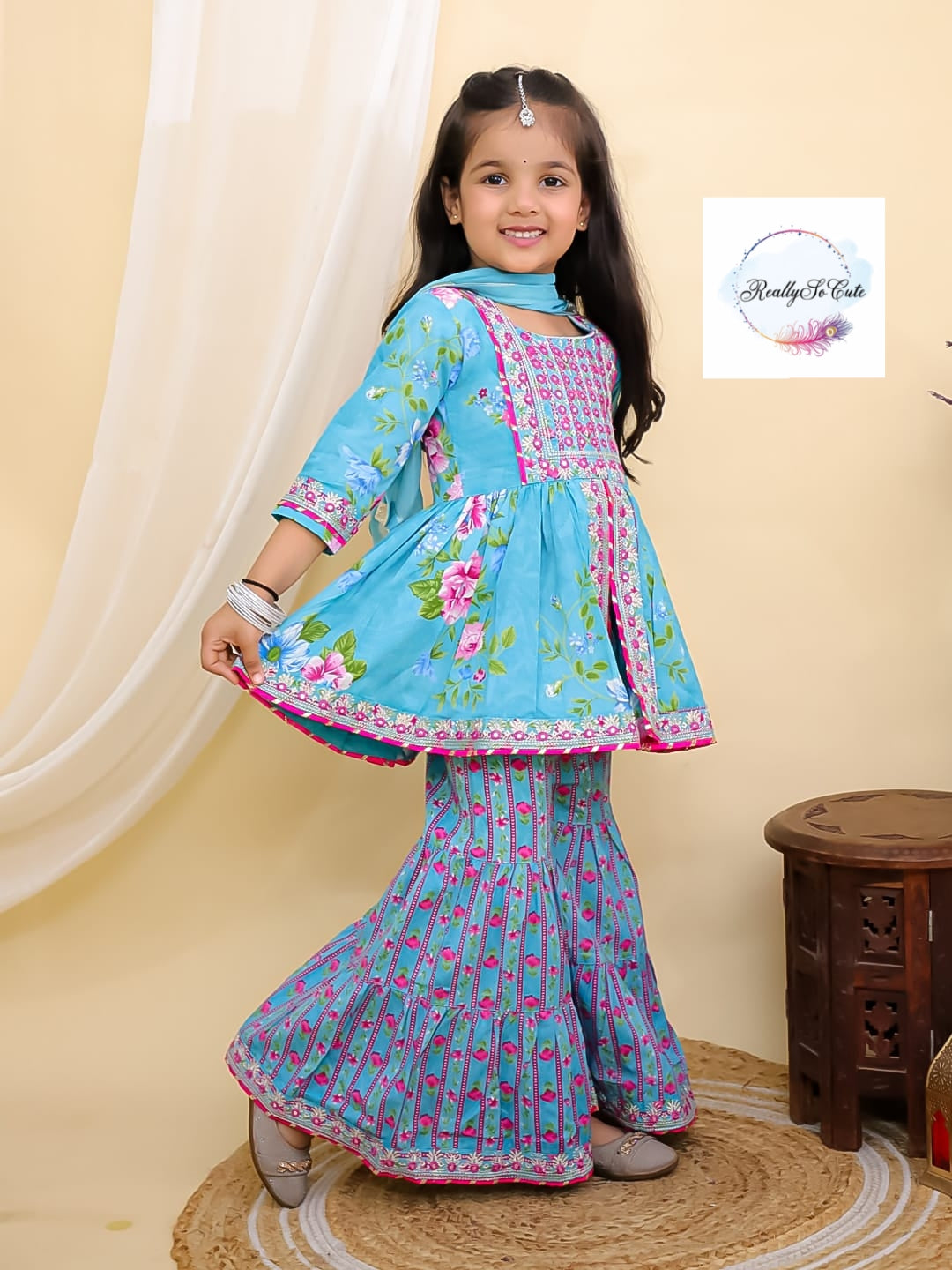Blue floral girl kurti sharara set, cotton kurta sharara
