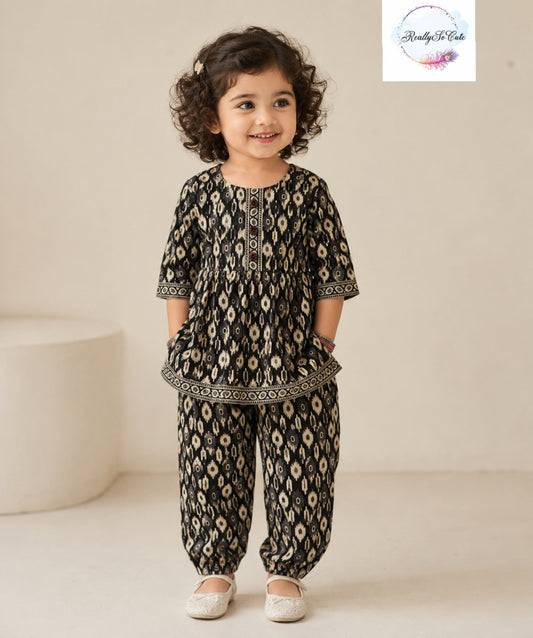 Black Ikkat Print Pure Cotton Co-Ord Set for Girls | Kurti & Relaxed Pants | Sizes 18M–8 Years |