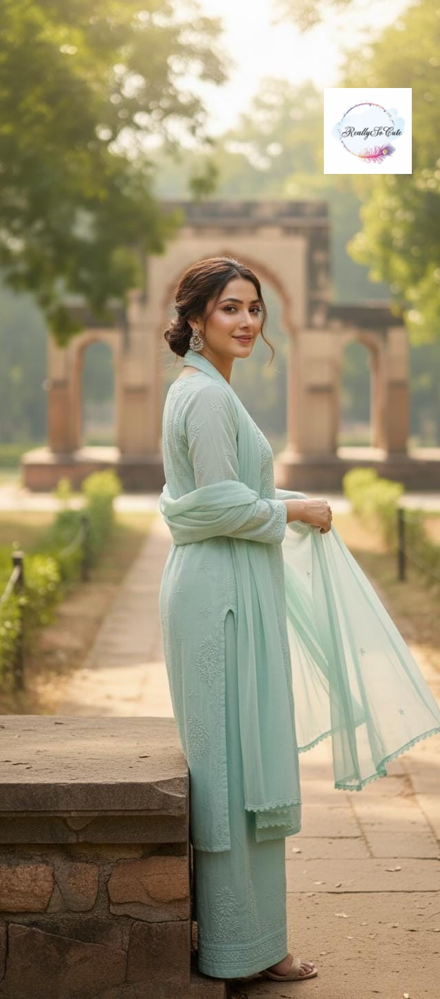 Mint Mist Pure Muslin 3-Piece Suit Set for Women