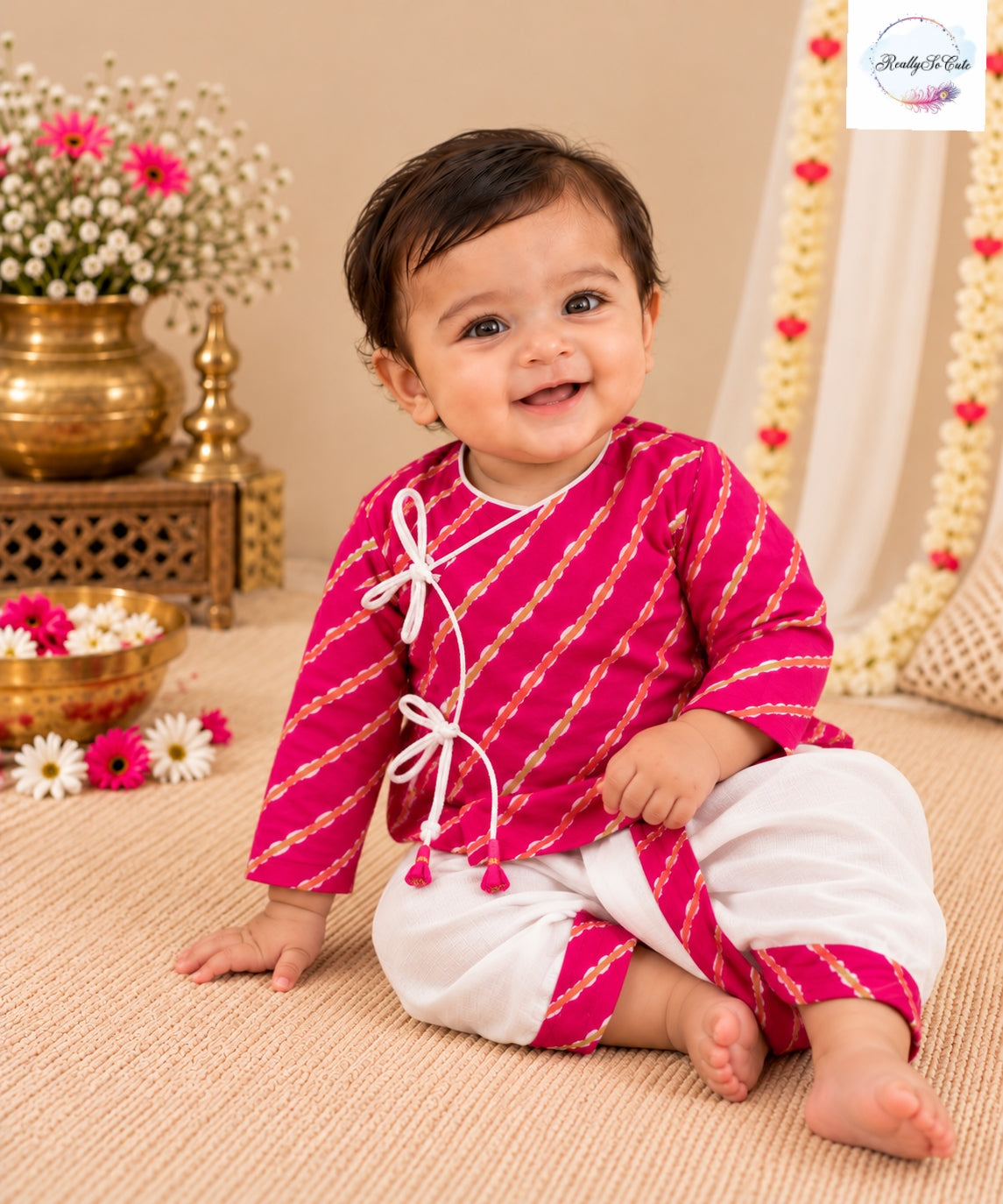 Rani pink Leheriya Print Pure Cotton Angrakha Kurta & Dhoti Set | 0–2Y