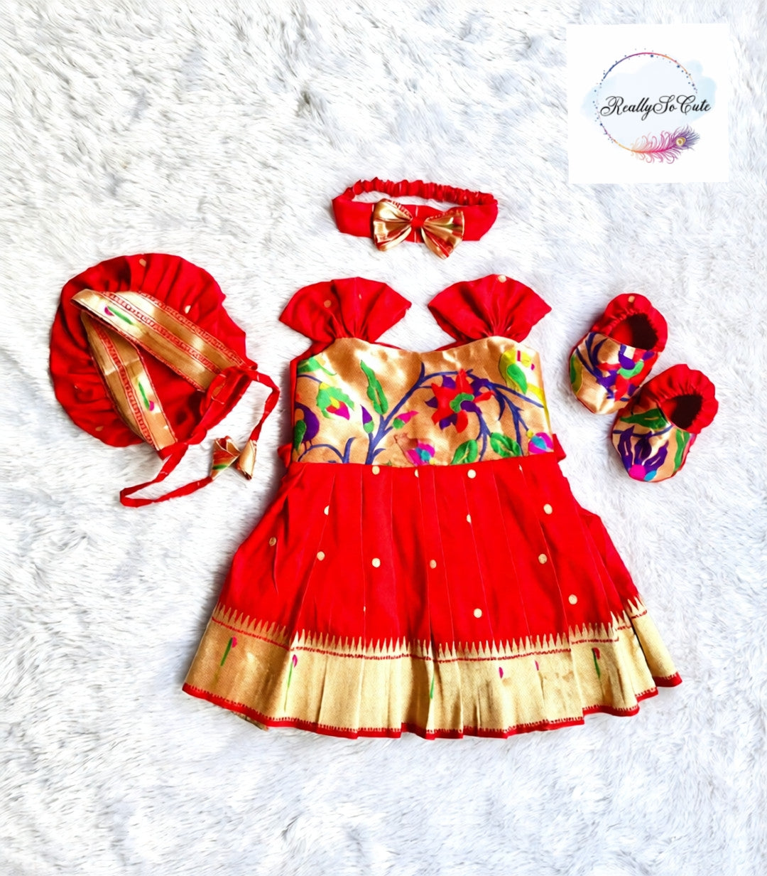 Newborn paithani naming dress set, Indian baby shower gift, annaprasanna set
