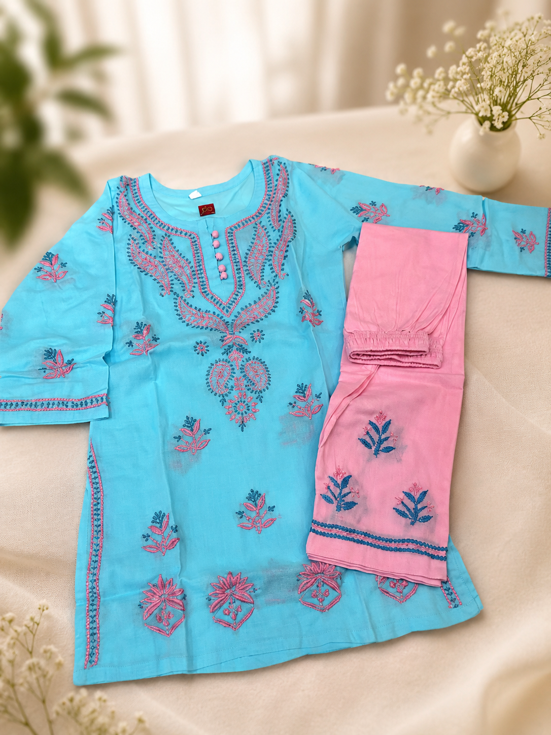 Girls Aqua Blue Handwork Chikankari Pure Cotton Kurta Pant Set