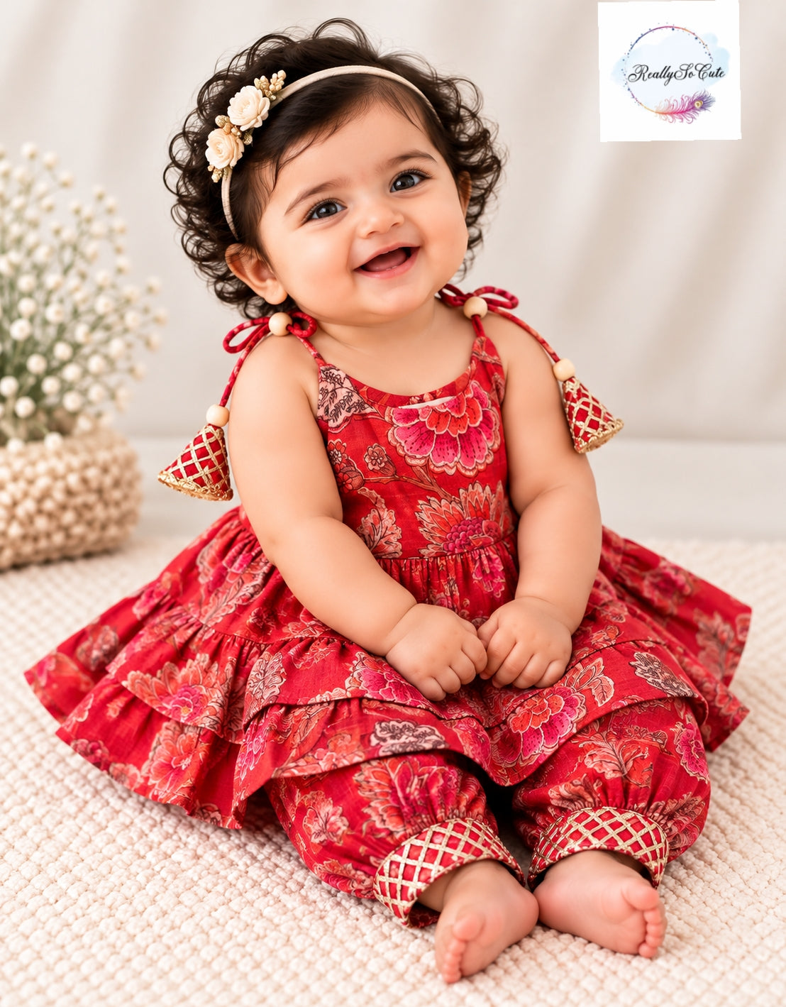 Baby Girls Multicolor red Bandhani Ethnic Wear Sets | 0–6 Months