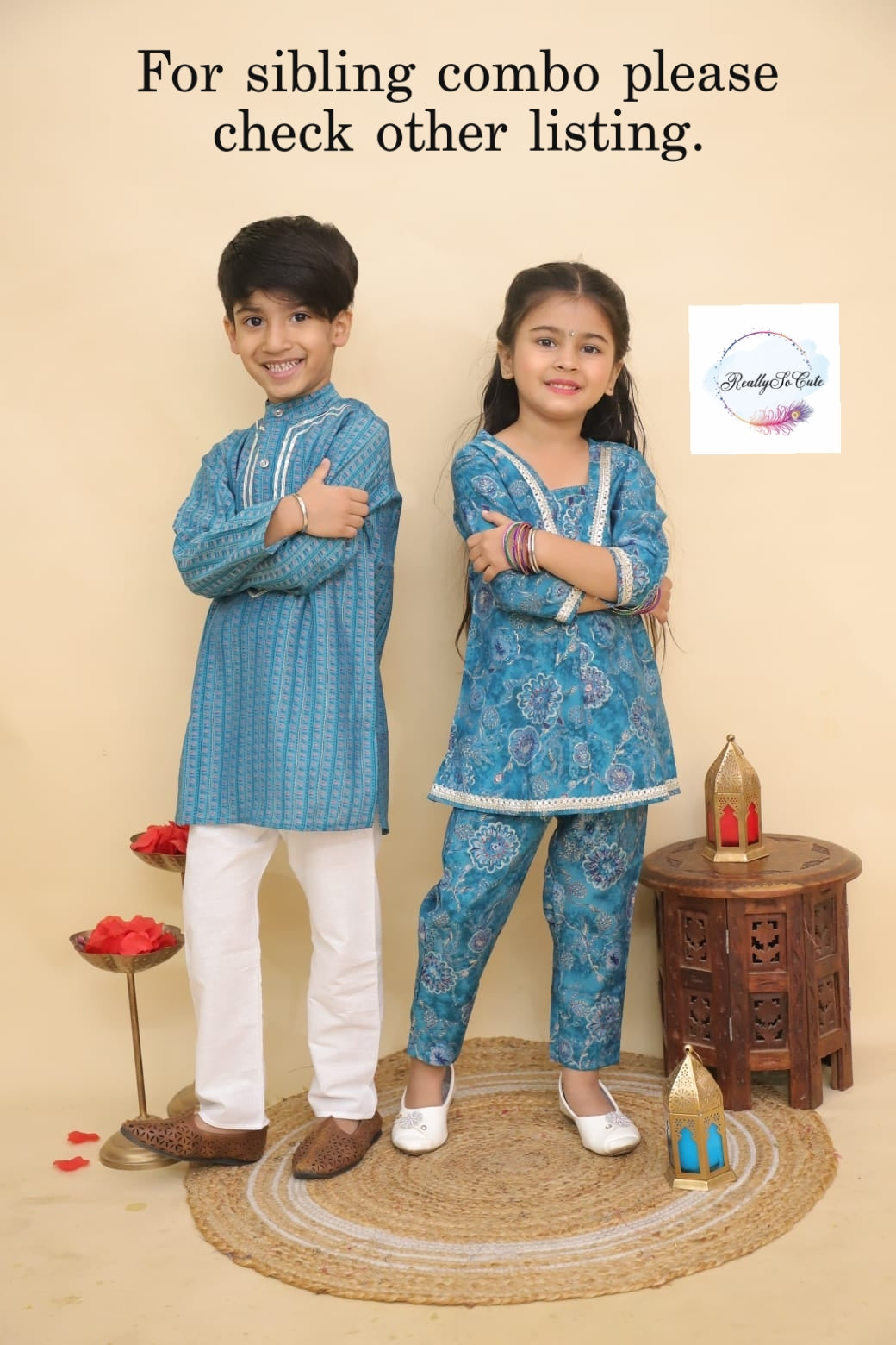 Girl co-ord set, blue chanderi silk kurta set, sibling combo