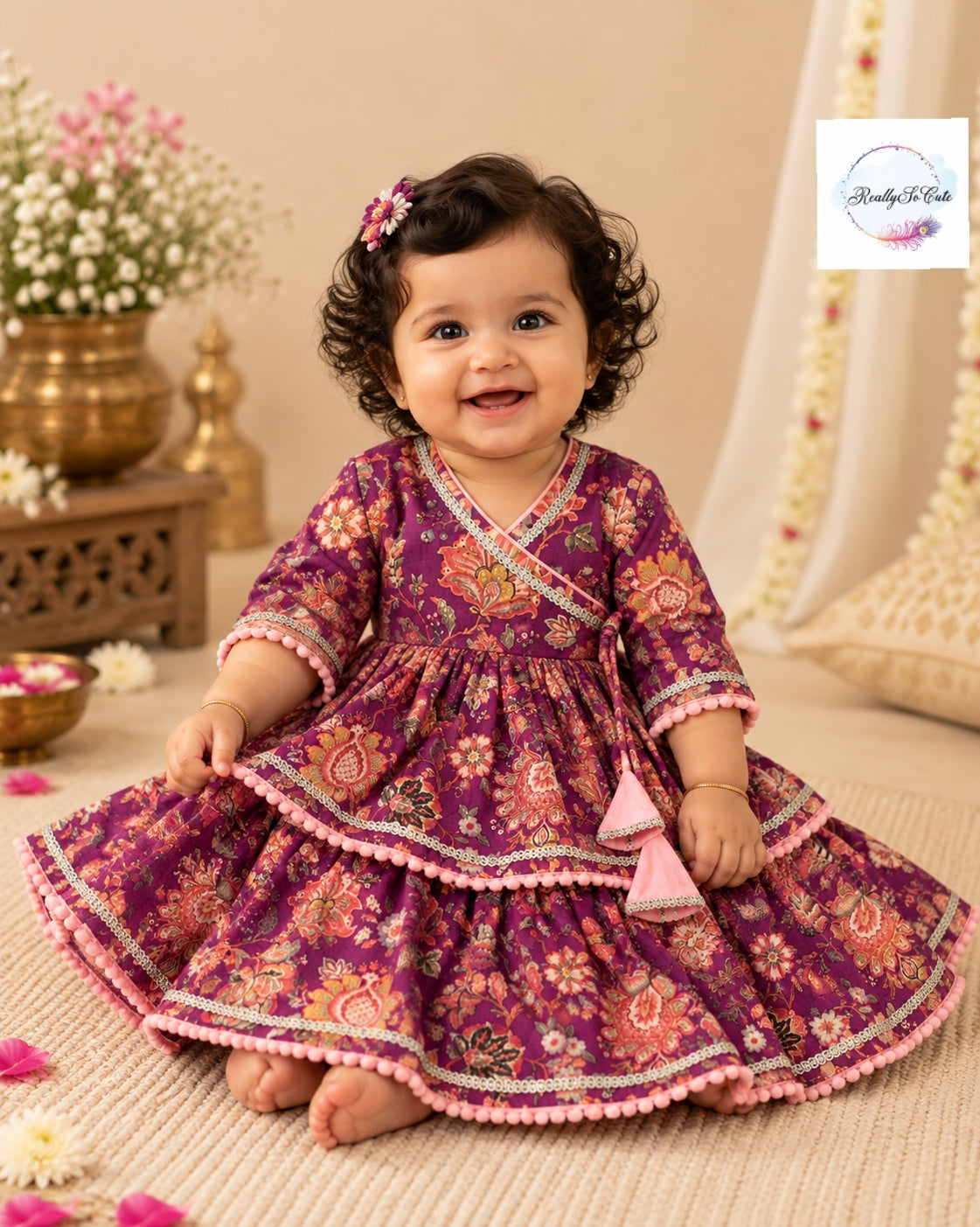 Mehroon Floral Angarakha Dress for Baby Girls | Pure Cotton | Newborn–2Y