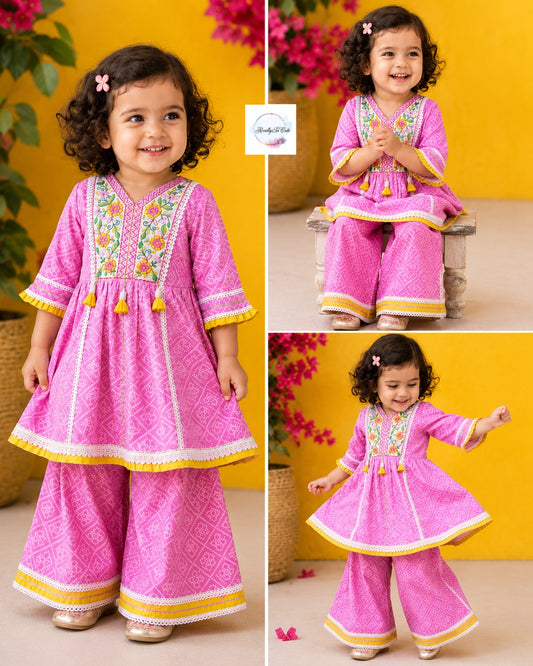 Pink Hand Block Print Cotton Sharara Set for Girls | Pure Cotton Ethnic Wear with Tassel Tie | Sizes 3M–10 Years