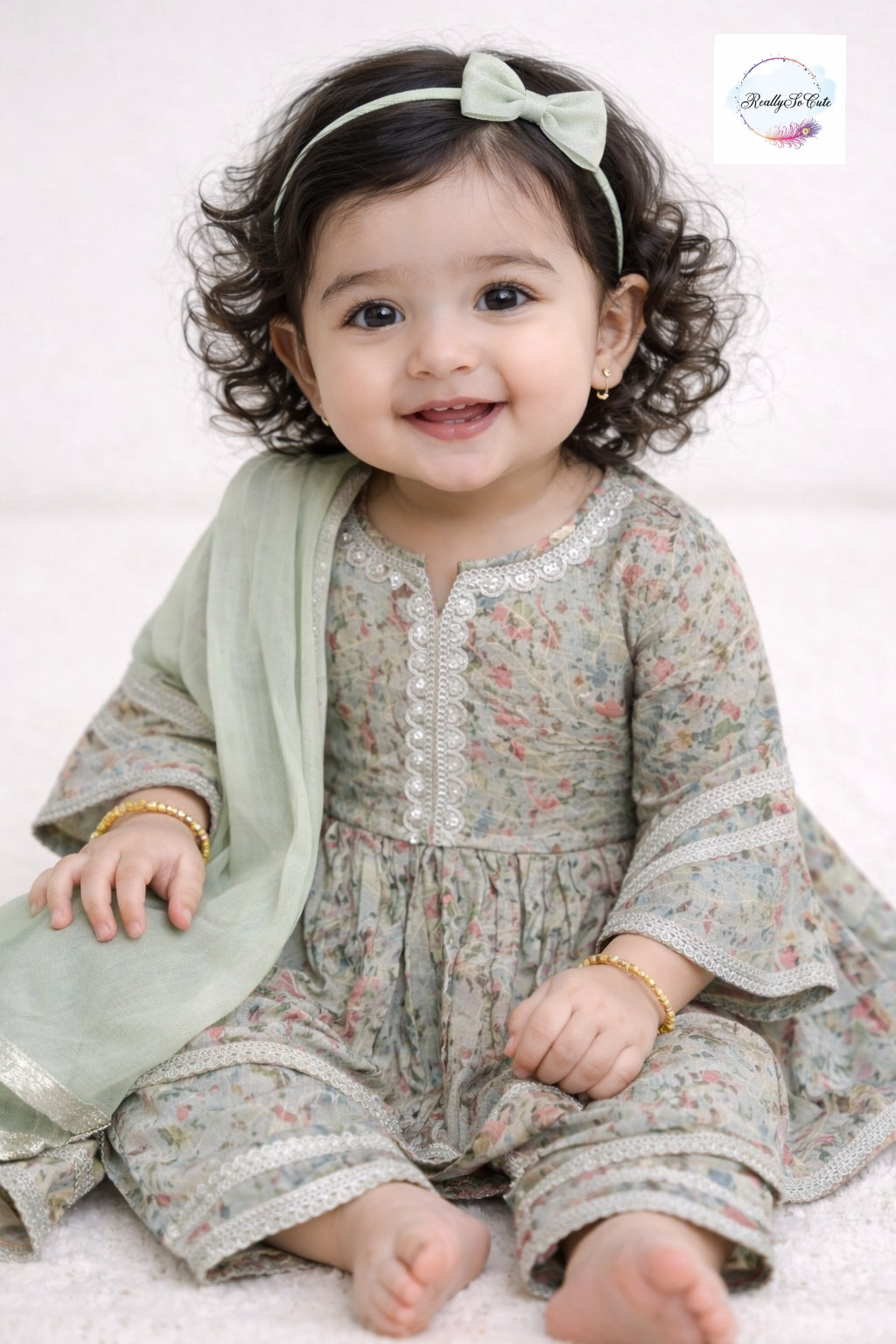 Sage green Muslin Kurta Set for Girls with Pockets | Soft Floral Ethnic Wear (3M–14Y)